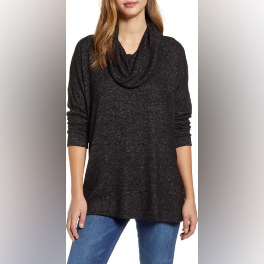 RBX marled black long sleeve cowl neck top L